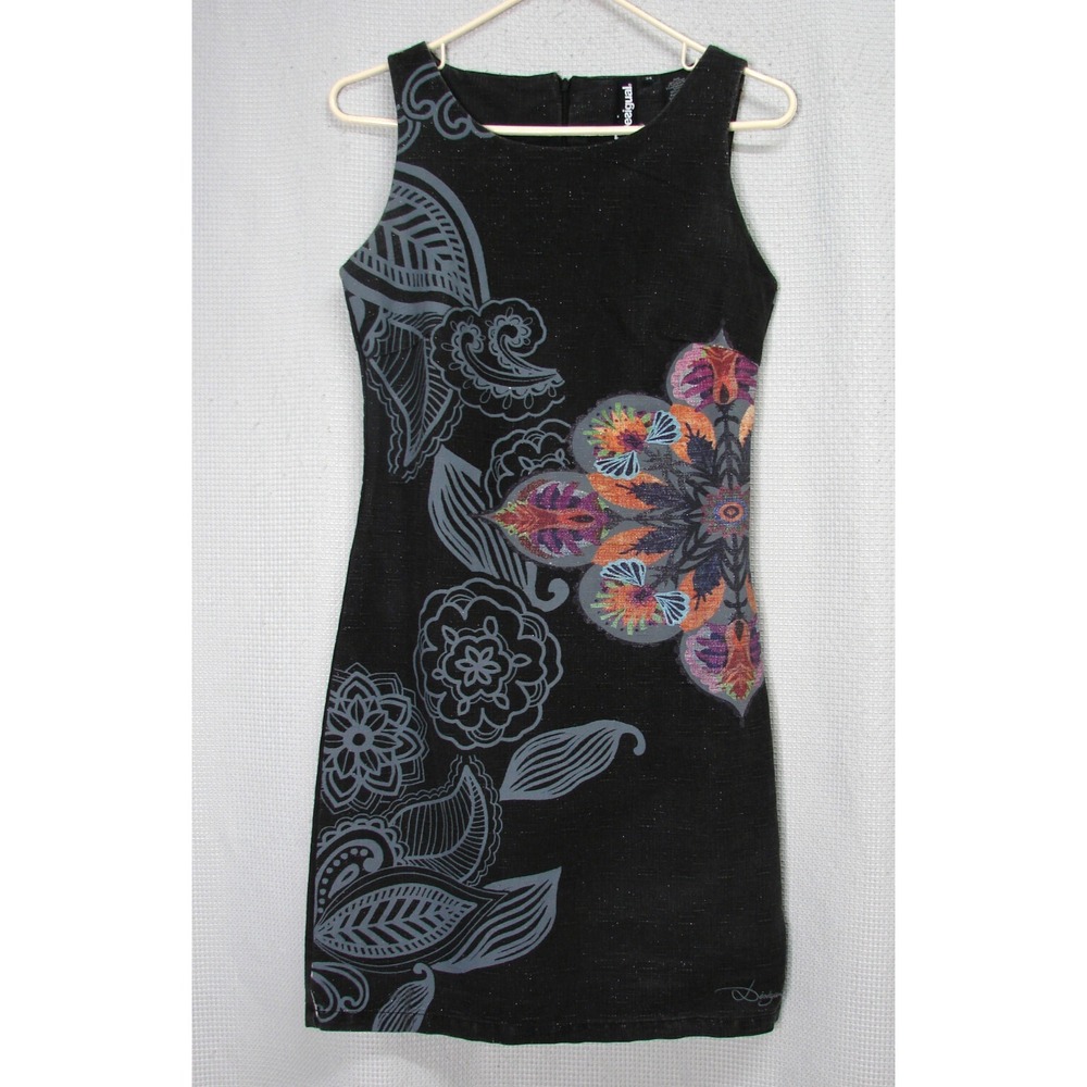Desigual Charcoal Black Sheath Dress Sleeveless Floral Print Metal Thread Sz 2